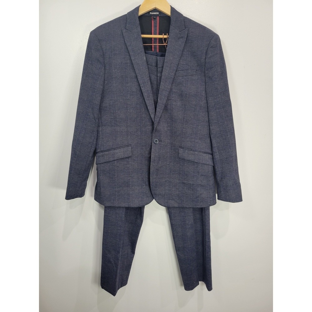 Express Mens Slim Fit Suit Navy Blue Glen Plaid 2pc Blazer 40S *Actual 42S 34x29